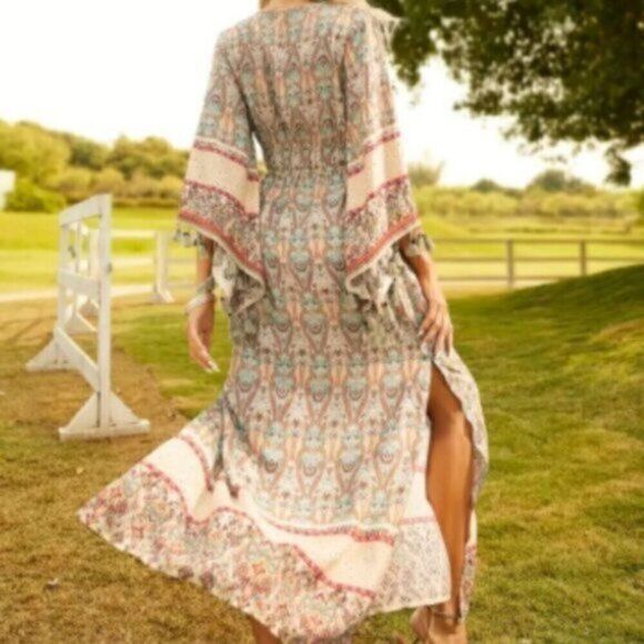 Bohemian Floral Print Woven Bell Sleeve Flounce Gypsy Maxi Dress XL - Picture 3 of 14